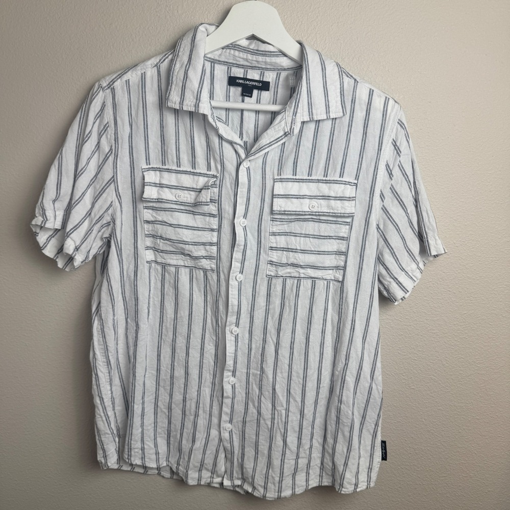Karl Lagerfeld Paris Shirt Mens Medium Regular White Blue Stripe Linen Blend SS